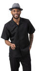 Tone On Tone Black Walking Suit 2 Piece Horizontal Stripe Short Sleeve Set 2222