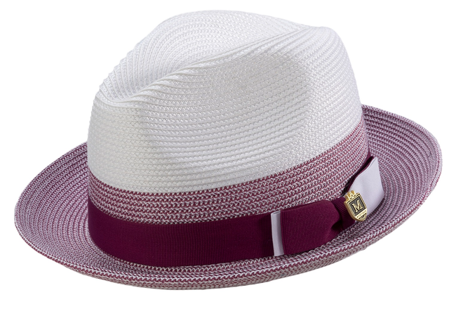 Men's Dusty Rose and white two-tone braided fedora hat with matching ribbon and signature Montique pin.