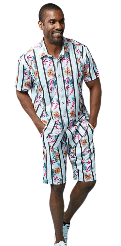 Shirt & Pants White 2 Piece Short Set Stripe Floral Pattern 1524 - Suits & More