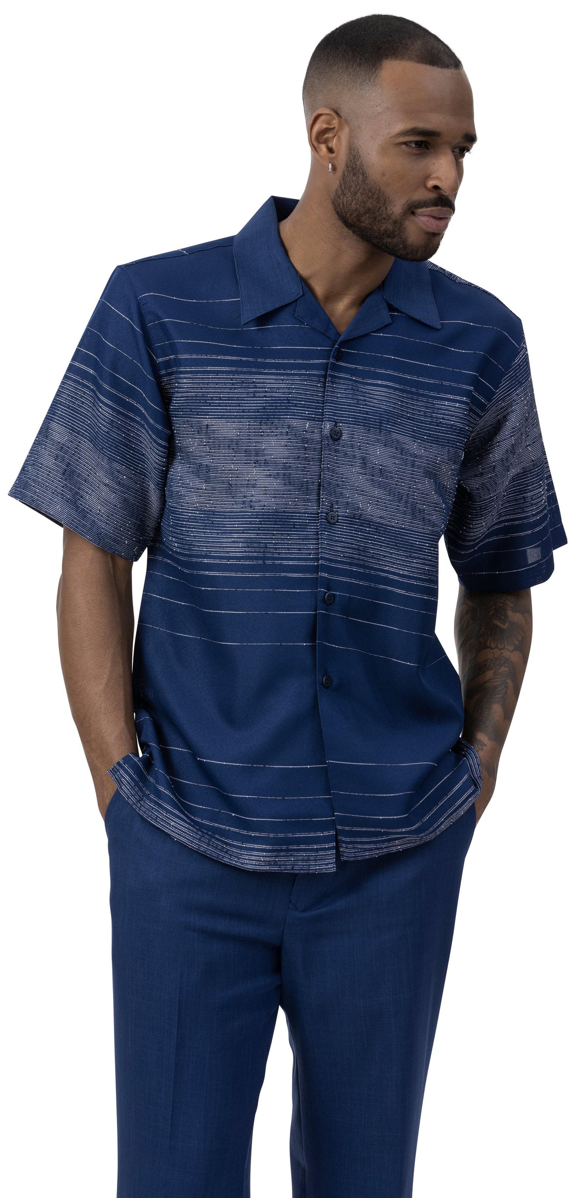 man wearing navy striped detail 2-piece short sleeve walking suit by Montique