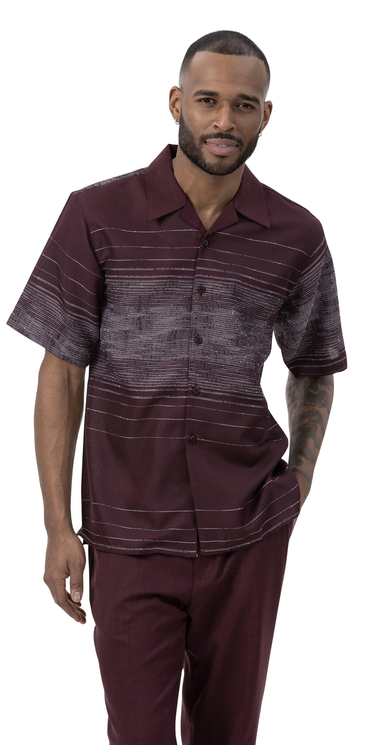 man wearing wine striped detail 2-piece short sleeve walking suit by Montique