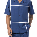 Montique Navy Color Block Walking Suit 2 Piece Short Sleeve Set 2202