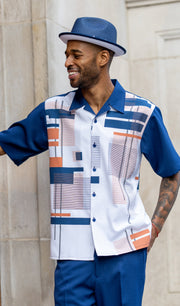 Navy Geometric Print Walking Suit 2 Piece Short Sleeve Set 2203