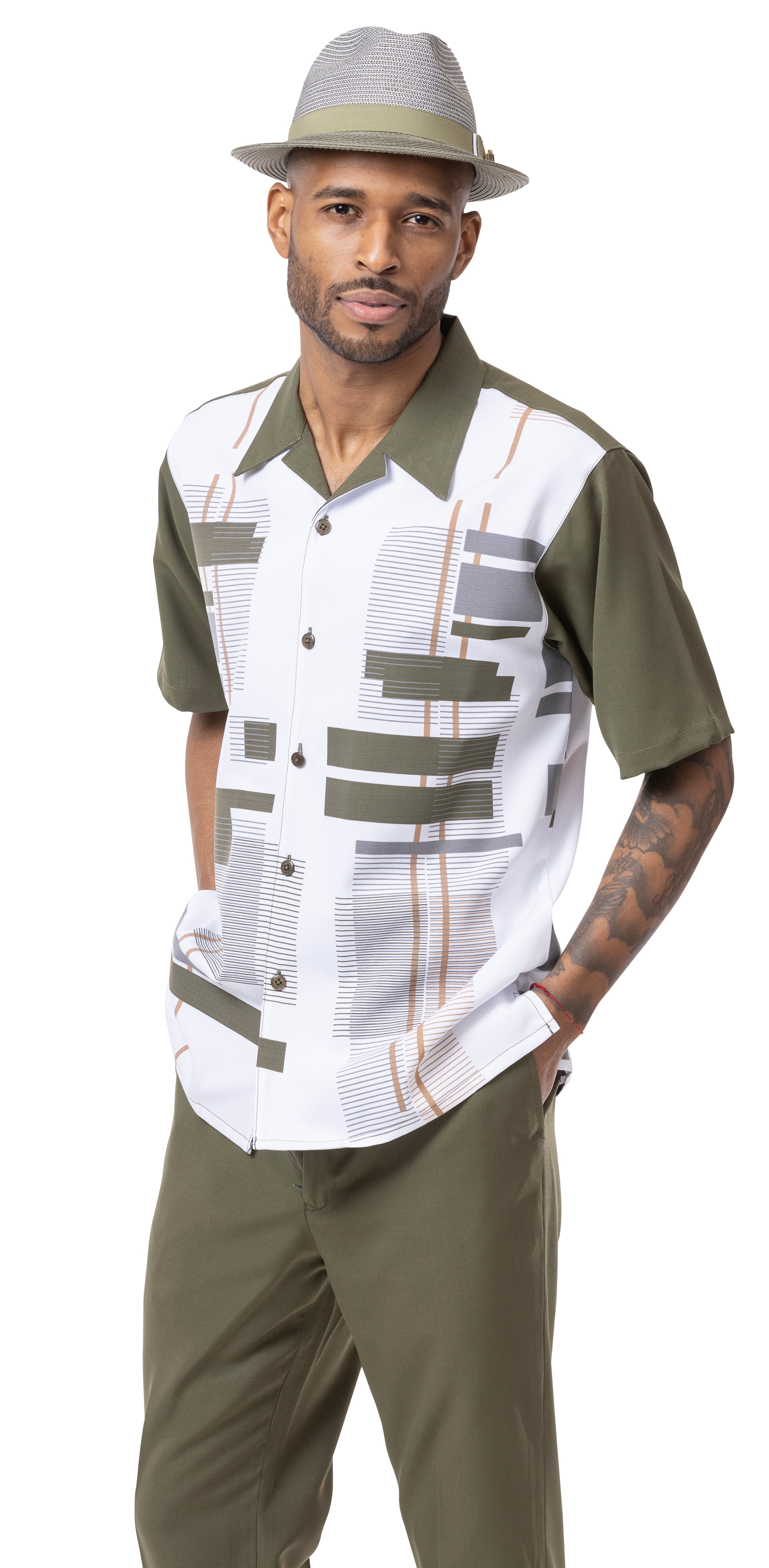 Olive Geometric Print Walking Suit 2 Piece Short