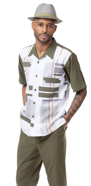 Montique Olive Geometric Print Walking Suit 2 Piece Short Sleeve Set 2203