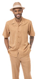 Tone On Tone Tan Windowpane Pattern Walking Suit 2 Piece Short Sleeve Set 2210