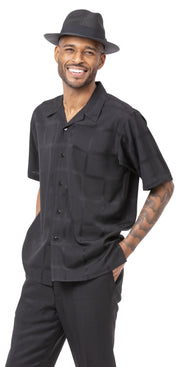Tone On Tone Black Windowpane Pattern Walking Suit 2 Piece Short Sleeve Set 2210