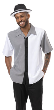 Black Houndstooth Vertical Color Block Walking Suit 2 Piece Short Sleeve Set 2211