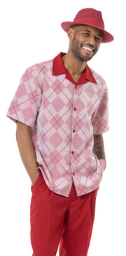 Red Argyle Pattern 2 Piece Short Sleeve Walking Suit by Montique