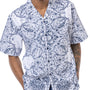 Navy & White Paisley Print Walking Suit 2 Piece Short Sleeve Set 2218