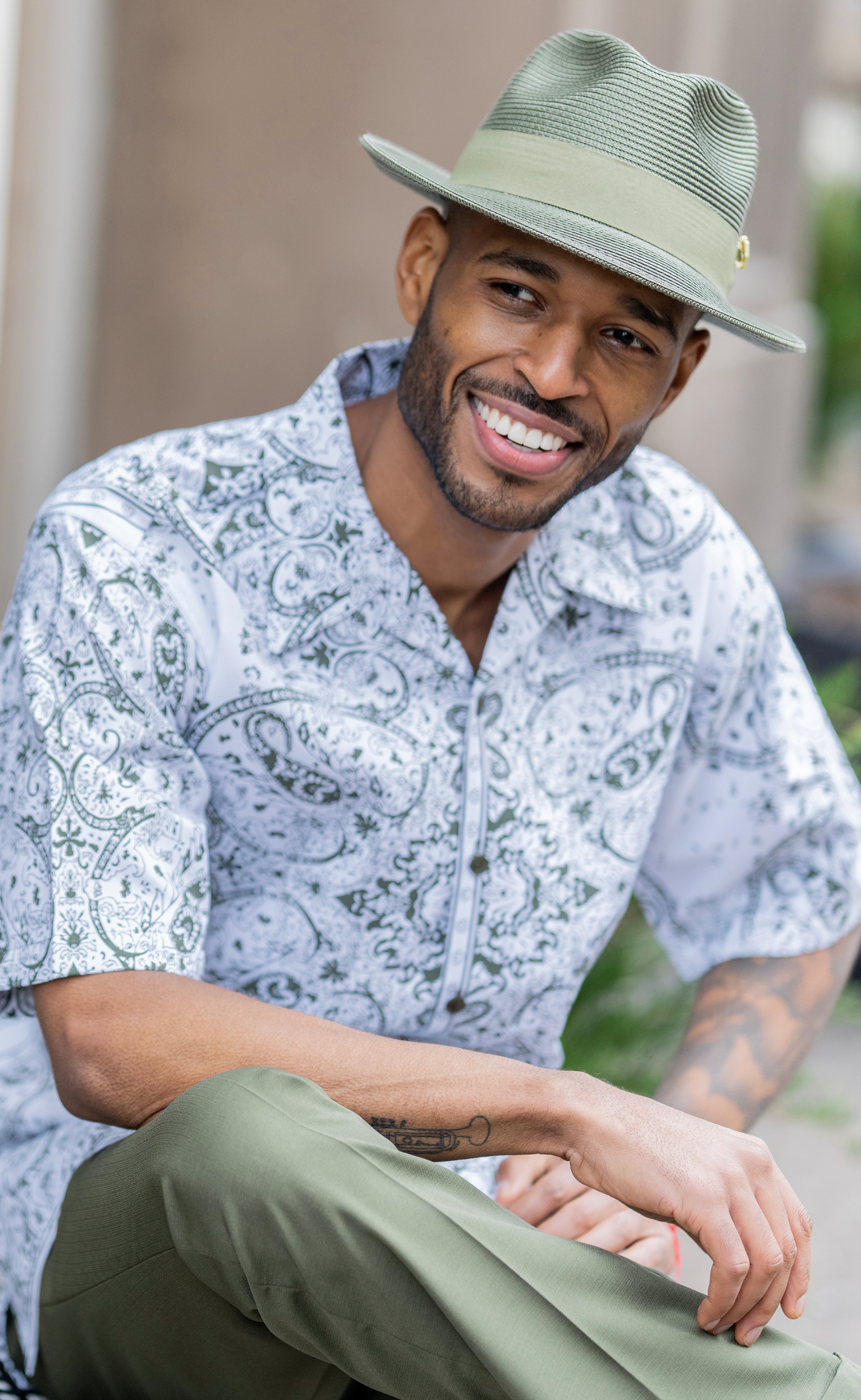 Olive & White Paisley Print Walking Suit 2 Piece