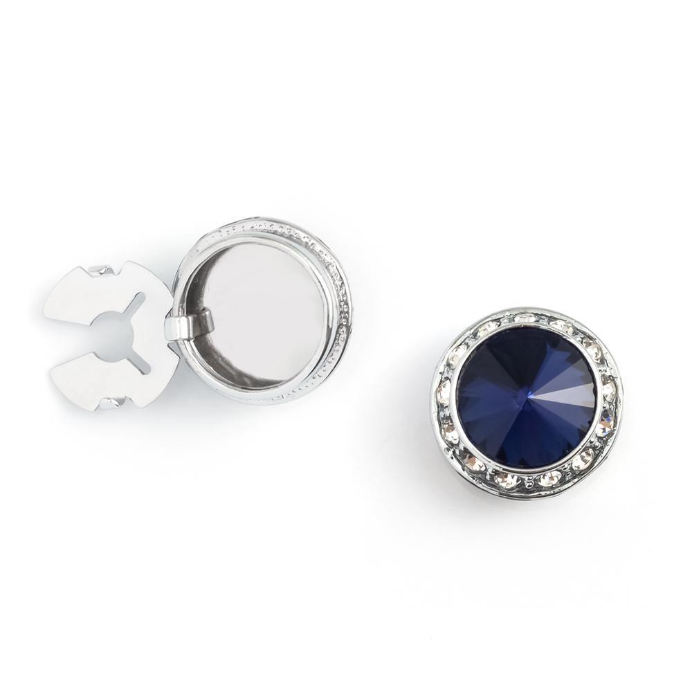 Men's Silver/Indigo Button Cover Cuff-Link With Crystal Stud Centered Surrounded By Crystal Studs - Suits & More