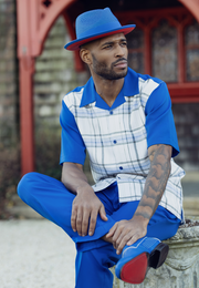 Cobalt Blue Plaid Short Sleeve Walking Suit