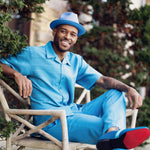 Men's 2 Piece Short Sleeve Walking Suit Tone on Tone Horizontal Stripes in Aqua - 2305