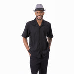 Men's 2 Piece Short Sleeve Walking Suit Tone on Tone Vertical Stripes in Black - 2306