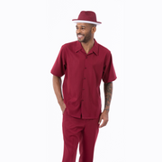 Men's Short Sleeve 2-Piece Tone-on-Tone Vertical Stripe Walking Suit - Burgundy