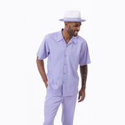Men's Short Sleeve 2-Piece Tone-on-Tone Vertical Stripe Walking Suit - Lavender