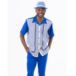 Urbchic Collection: Montique Cobalt Symmetry Pattern Walking Suit 2 Piece Short Sleeve Set 2308