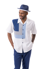 Montique Navy Square Pattern Walking Suit 2 Piece Short Sleeve Set 2309