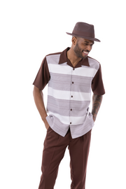 Brown 2 Piece Horizontal Stripe Regular Fit Walking Suit by Montique