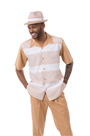 Tan 2 Piece Horizontal Stripe Regular Fit Walking Suit by Montique