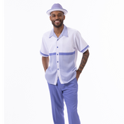 Lavender 2-Piece Houndstooth Horizontal Color Block Short Sleeve Walking Suit Regular Fit