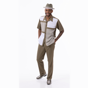 Olive Houndstooth Color Block Short Sleeve Walking Suit by Montique