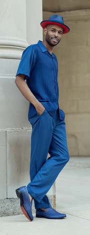 Navy Tone-on-Tone Short Sleeve Walking Suit by Montique