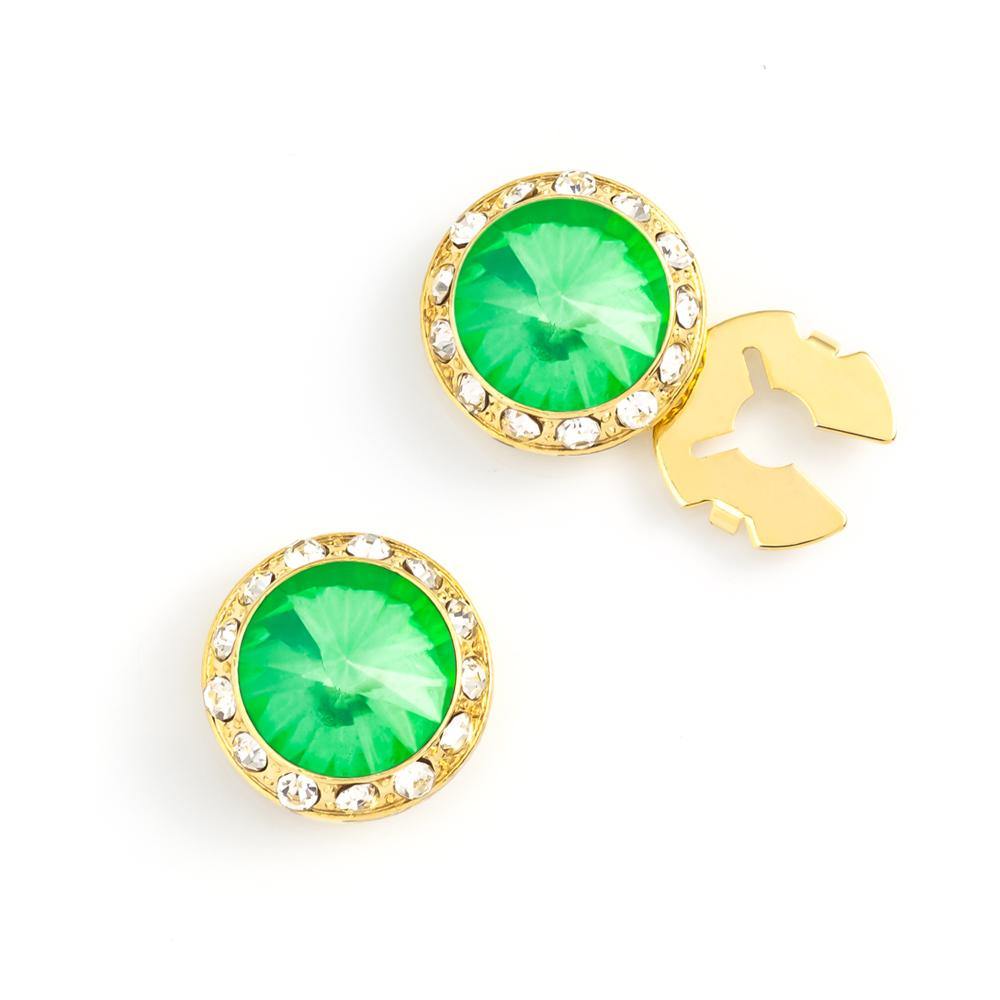 Men's Gold/Peridot Button Cover Cuff-Link With Crystal Stud Centered Surrounded By Crystal Studs - Suits & More