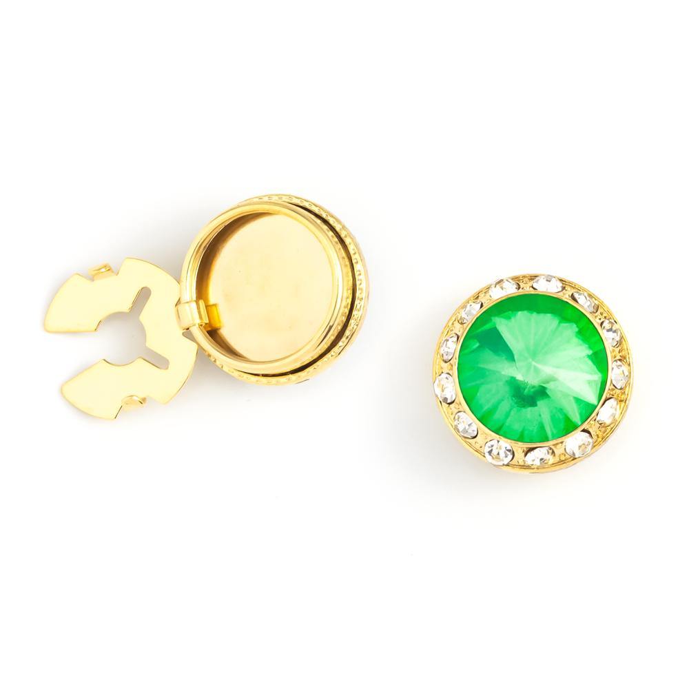Men's Gold/Peridot Button Cover Cuff-Link With Crystal Stud Centered Surrounded By Crystal Studs - Suits & More