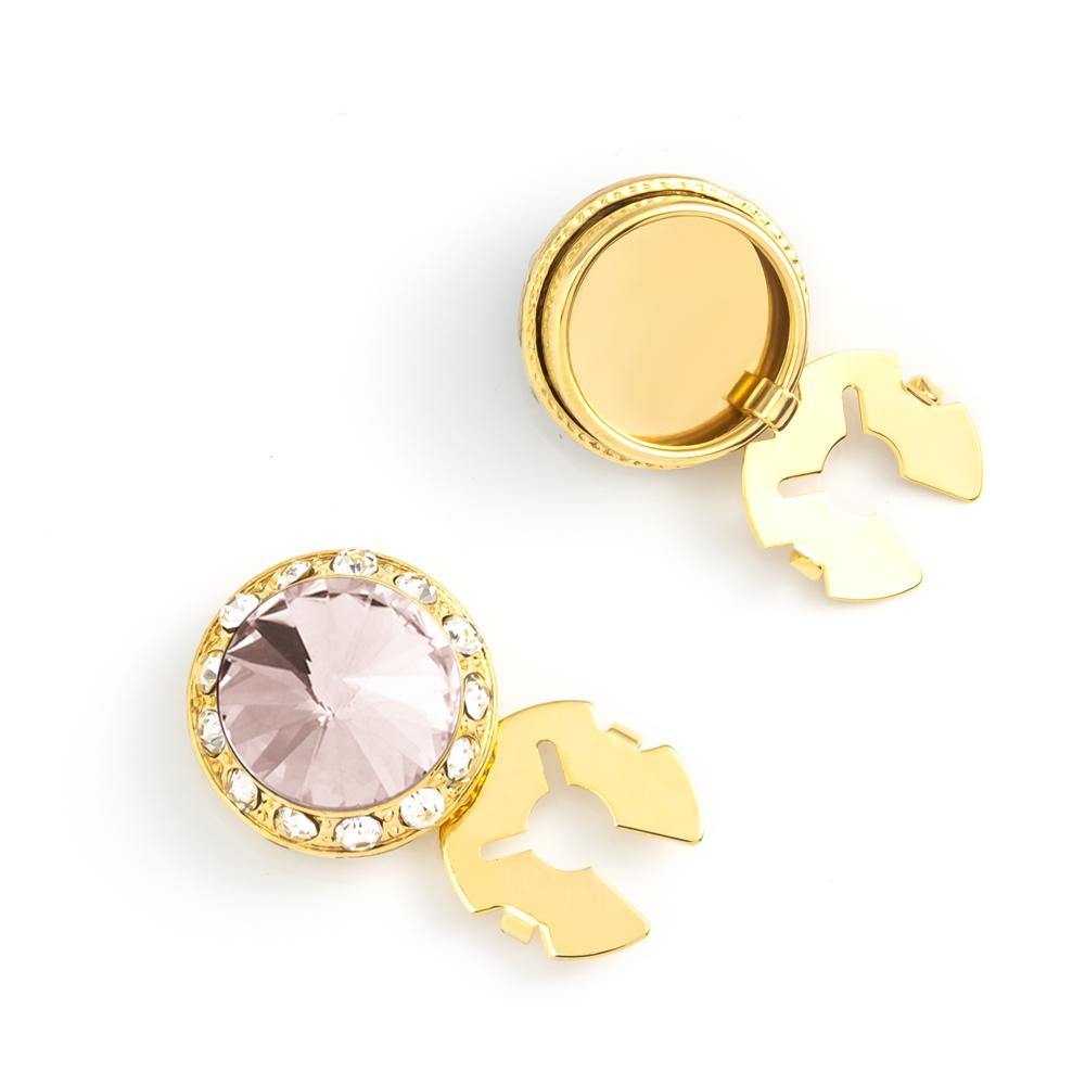 Men's Gold/Greige Button Cover Cuff-Link With Crystal Stud Centered Surrounded By Crystal Studs - Suits & More