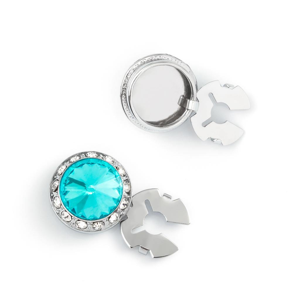 Men's Silver/Aquamarine Button Cover Cuff-Link With Crystal Stud Centered Surrounded By Crystal Studs - Suits & More