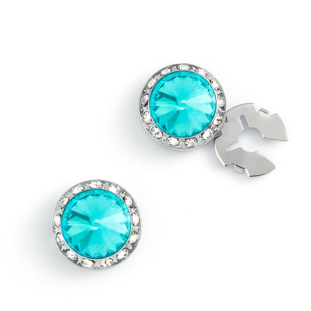 Men's Silver/Aquamarine Button Cover Cuff-Link With Crystal Stud Centered Surrounded By Crystal Studs - Suits & More