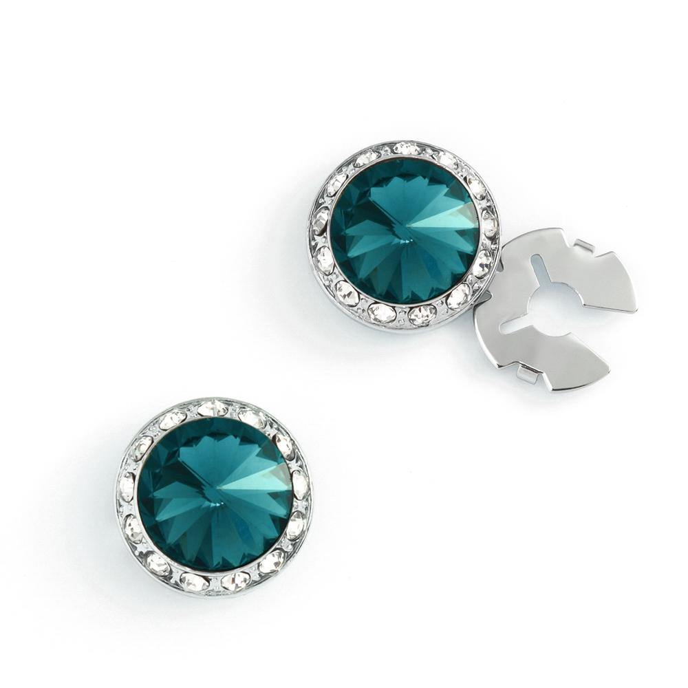 Men's Silver/Blue Zircon Button Cover Cuff-Link With Crystal Stud Centered Surrounded By Crystal Studs - Suits & More