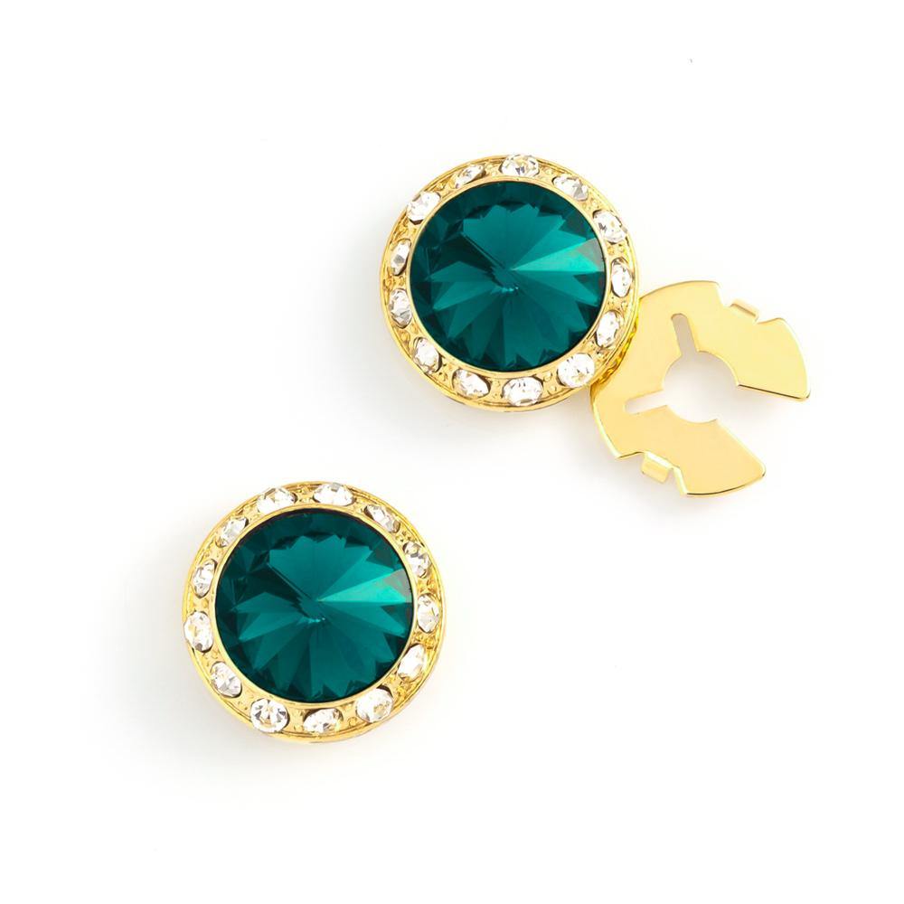 Men's Gold/Blue Zircon Button Cover Cuff-Link With Crystal Stud Centered Surrounded By Crystal Studs - Suits & More