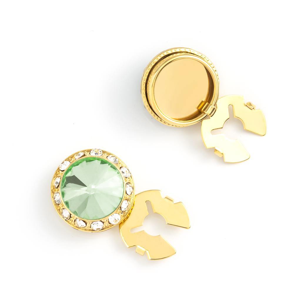 Men's Gold/Palace Green Button Cover Cuff-Link With Crystal Stud Centered Surrounded By Crystal Studs - Suits & More