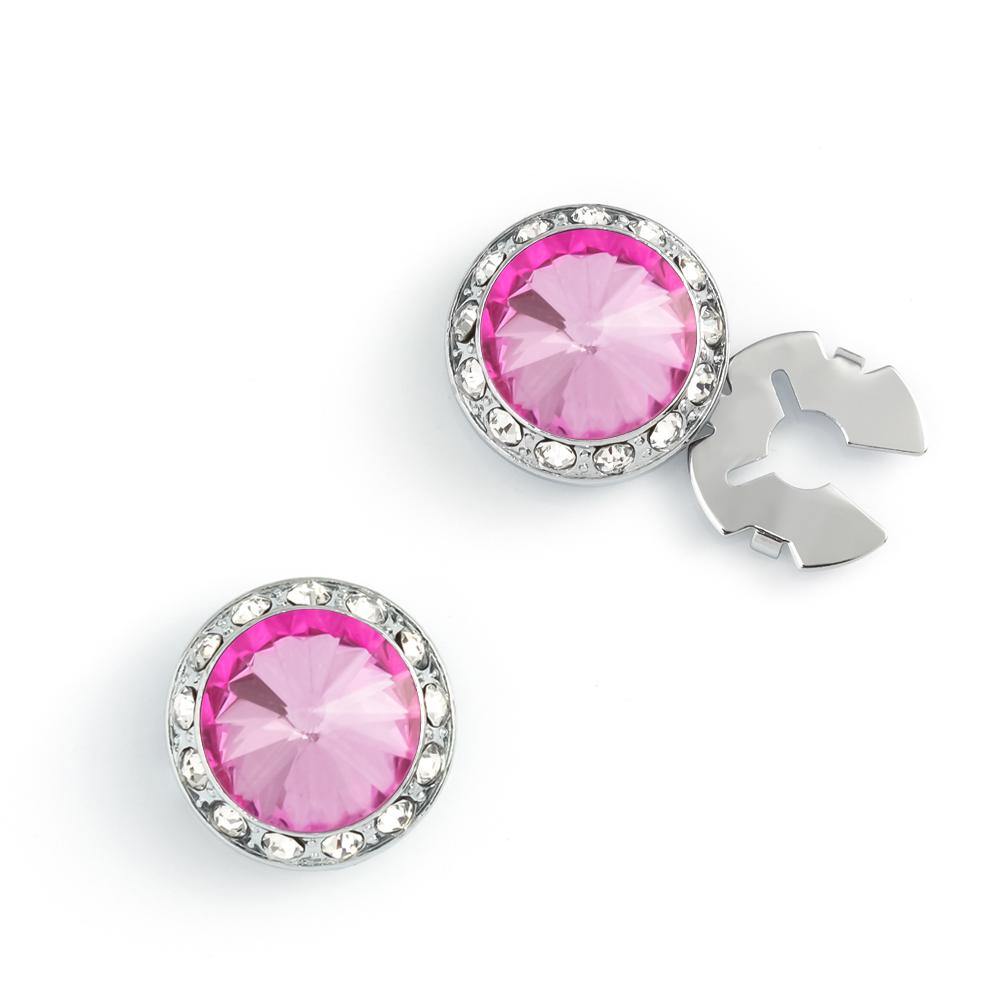 Men's Silver/Pink-4 Button Cover Cuff-Link With Crystal Stud Centered Surrounded By Crystal Studs - Suits & More