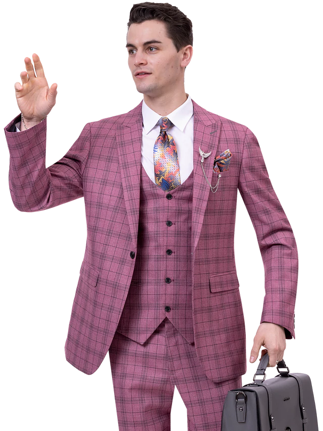 Mauve Plaid Three Piece Regular Fit Fashion Suit M2765
