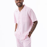 Montique Pink Walking Suit 2 Piece Solid Color Short Sleeve Set 696
