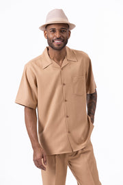 Tan Solid Short Sleeve Walking Suit Set - Classic Fit