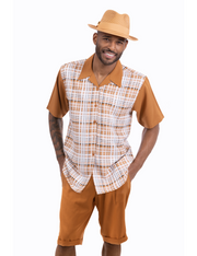 Cognac Plaid 2-Piece Short Sleeve Walking Suit Shorts Set