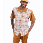 Athena Collection: Montique Cognac Plaid Walking Suit 2 Piece SHORTS SET