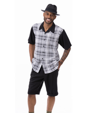 Black Plaid 2-Piece Short Sleeve Walking Suit Shorts Set