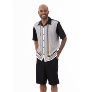 Montique Black Symmetry Pattern 2-Piece Short Sleeve Walking Suit Shorts Set