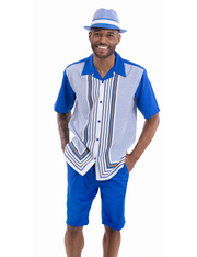 Montique Cobalt Symmetry Pattern 2-Piece Short Sleeve Walking Suit Shorts Set