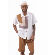 Montique Cognac Square Pattern Walking Suit 2 Piece Short Pants Set 72309