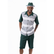 Montique Emerald Horizontal Stripe 2-Piece Short Sleeve Walking Suit Shorts Set