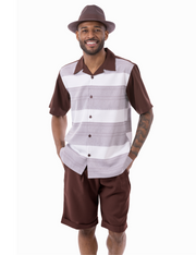 Montique Brown Horizontal Stripe 2-Piece Short Sleeve Walking Suit Shorts Set