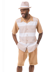 Montique Tan Horizontal Stripe 2-Piece Short Sleeve Walking Suit Shorts Set