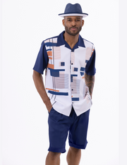 Montique Navy 2 Piece Geometric Print Regular Fit Short Pants Walking Suit